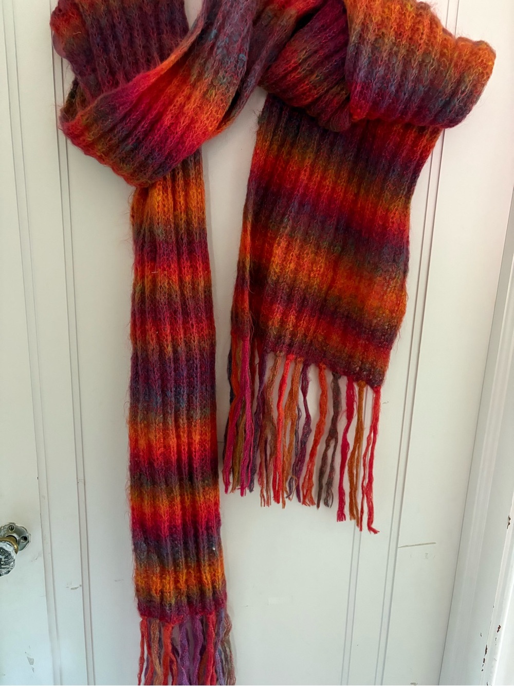 Multi-Color Striped Knit Fringe Scarf - Vibrant Red/Orange/Purple